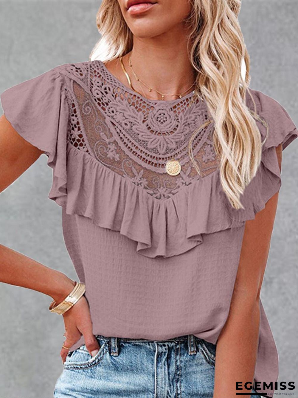 Fashion Lace Ruffle Short Sleeve T-Shirt | EGEMISS