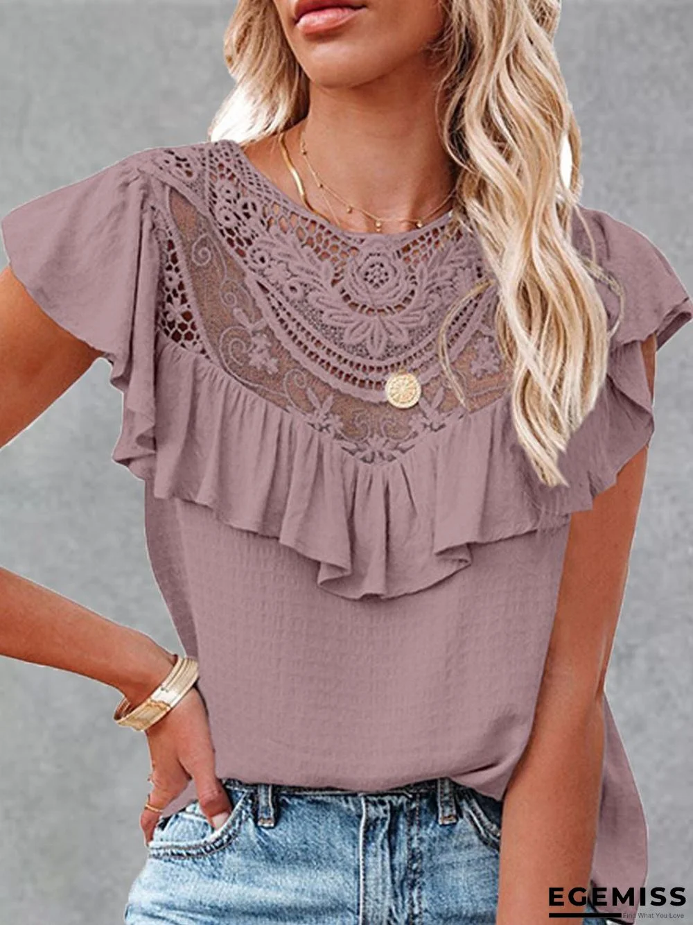Fashion Lace Ruffle Short Sleeve T-Shirt | EGEMISS