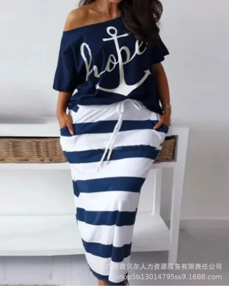 Ueong Series Of Women's Casual Boat Anchor Print Short-Sleeved T-Shirt Skirt Cover
