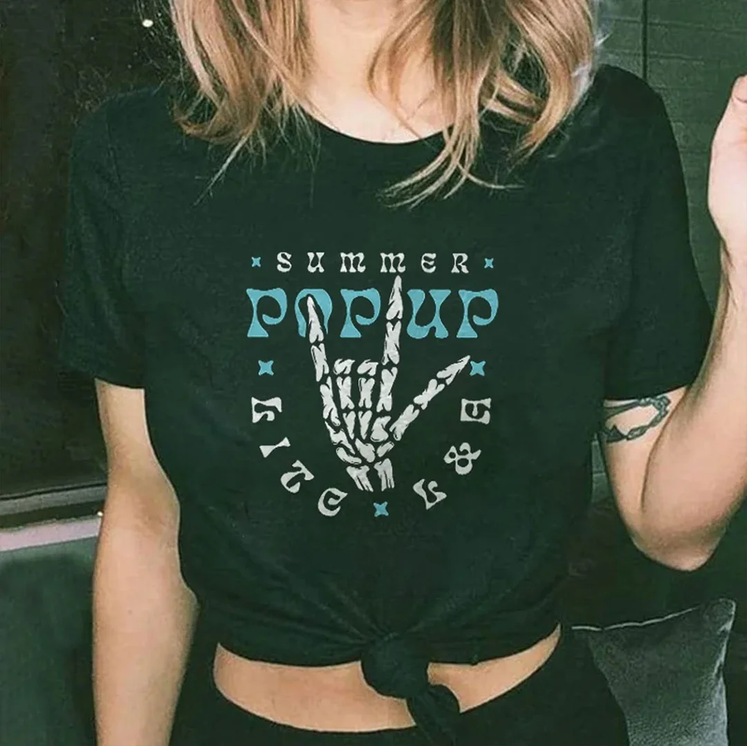 SUMMER POP UP Gesture Letter Graphic  Black Print T-shirt