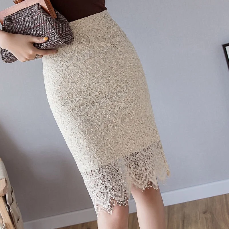 Spring Summer Skirts Womens Korean Office Lady Back Slit Slim Bodycon Pencil Skirt High Waist Elegant Lace Midi Skirt Women 2020