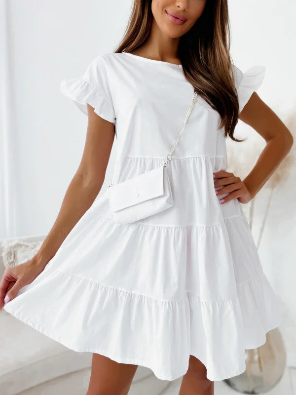 Uveng Flared Sleeve Round Neck Irregular Hem Dresses