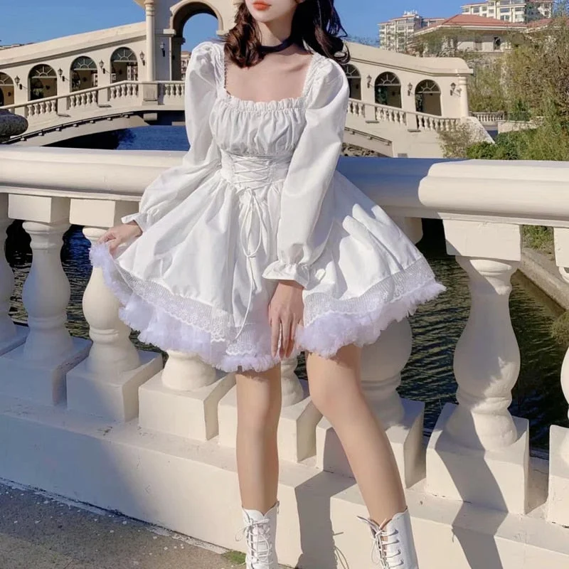 Lolita Dress Party Evening Women Vintage Lace Y2k Mini Dress Female Kawaii Clothing 2022 Spring One Piece Dress Korea White