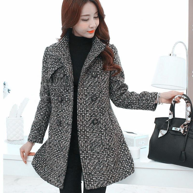 2020 New Women Wool Blends Coat Winter Autumn Fashion Elegant Mother High Quality Plaid Slim Long Tweed Woolen Outerwear Female