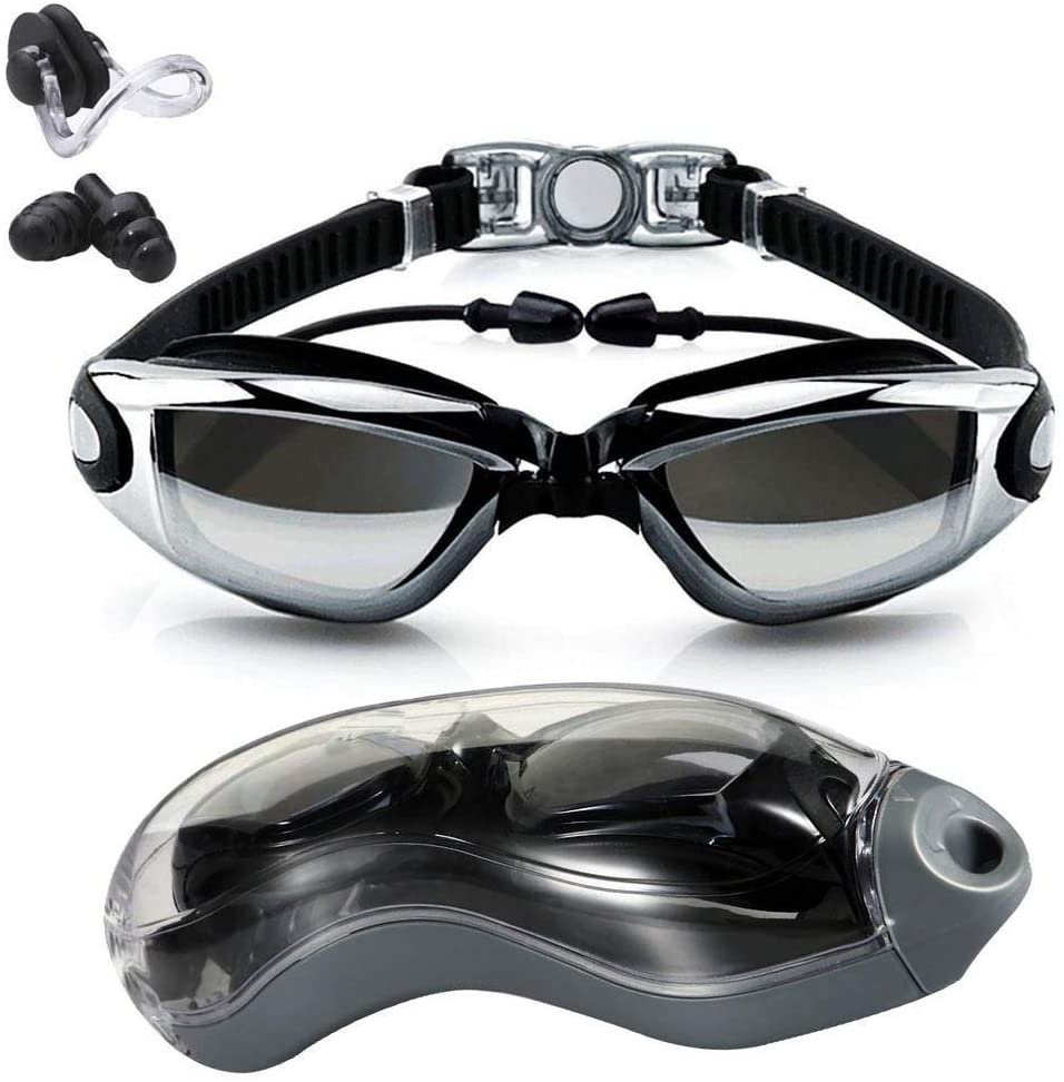 Swim Goggles + Swim Cap + Case + Nose Clip + Ear Plugs, Clear Swimming Goggles Coated Lens No Leaking Anti Fog