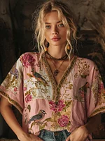 Retro Bohemian Floral Bird Art V-neck Short-sleeved Top