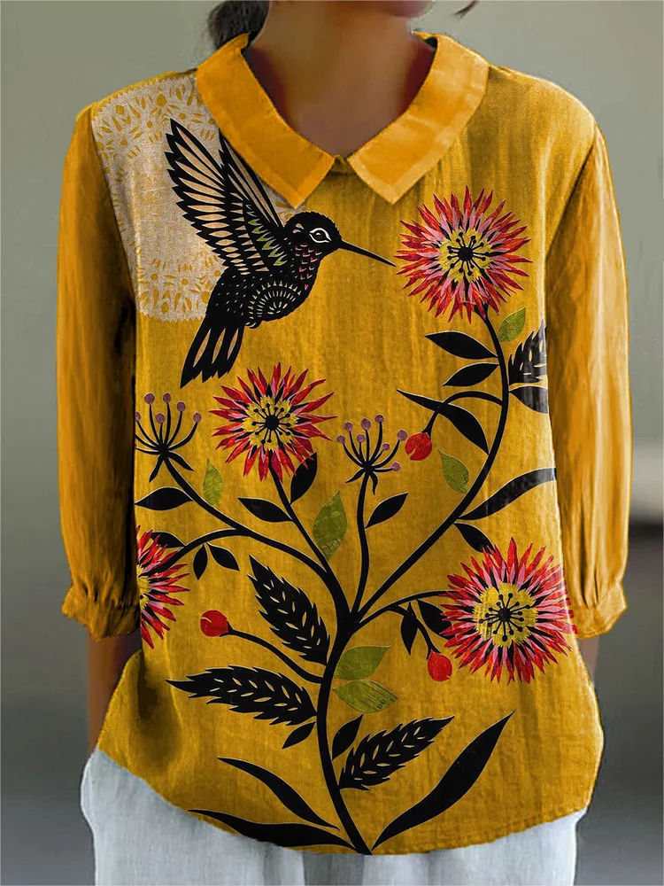 Women's Vintage Floral and Bird Art Print Casual Cotton And Linen 3/4 Sleeve Shirt