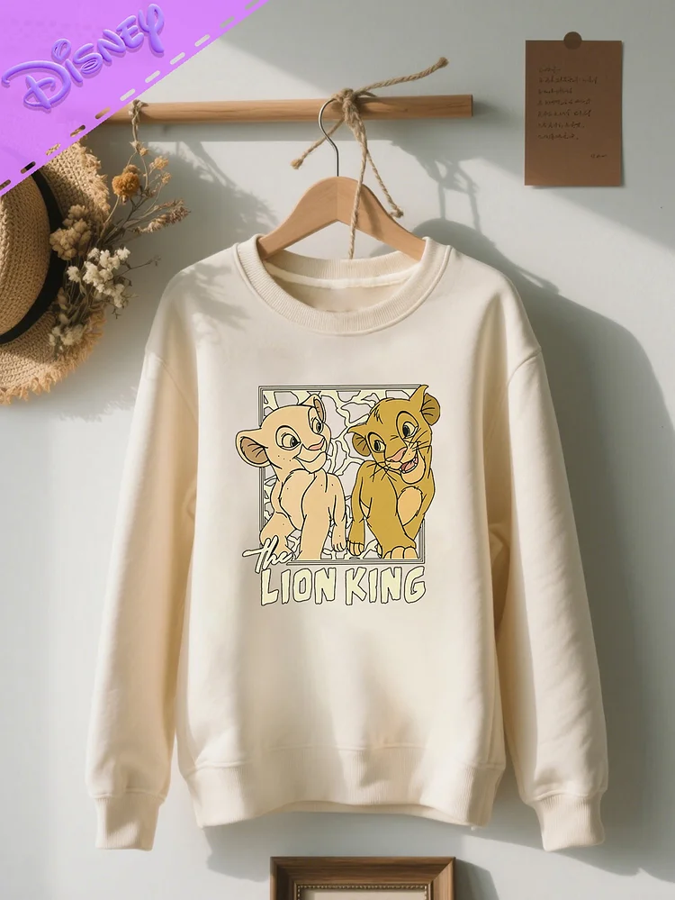 Disney Lion King Graphic Sweatshirt For Women - Casual Crew Neck, Short Sleeve, Machine Washable, Spring/Summer Fashion, White With Simba & Nala Design, Perfect For Casual Attire Or Vacation, Disney Shirt