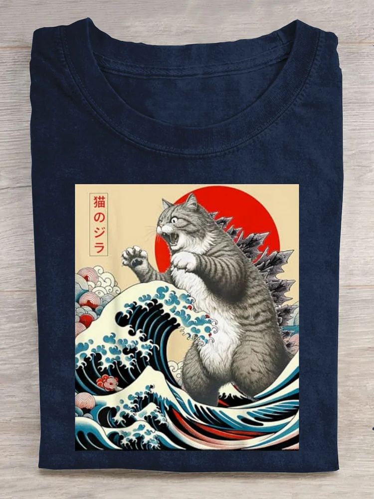 Catzilla Cat Japanese Art Funny Cat Print T-shirt