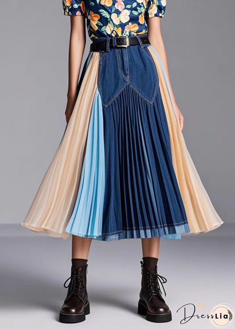 Women Navy Patchwork Exra Large Hem Denim Skirts Fall