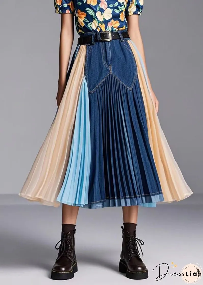 Women Navy Patchwork Exra Large Hem Denim Skirts Fall