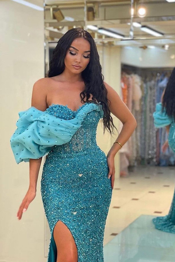 Bellasprom One Shoulder Blue Mermaid Prom Dress High Split With Beads Bellasprom