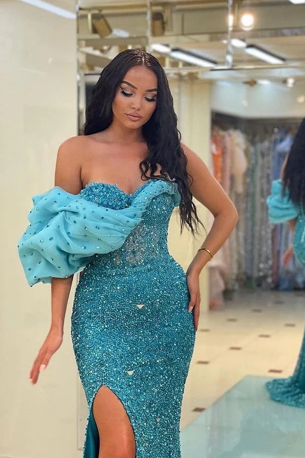 Glorious One Shoulder Blue Mermaid Prom Dress High Split With Beads - lulusllly