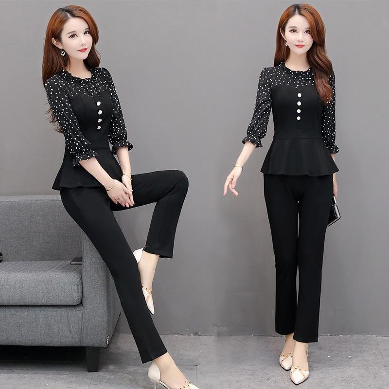 2020 Autumn New Korean Women Sets Polka Dot Patchwork Blouse And Ankle Length Pants Female Sets