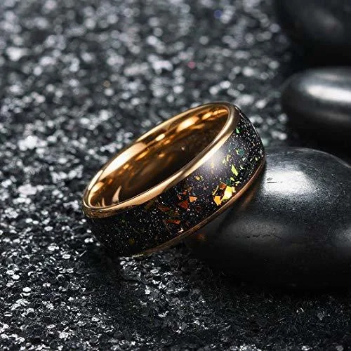 6MM 8MM Women's Or Men's Tungsten Carbide Wedding Matching Rings Gold with Multi Color Rainbow Fragments Inlay