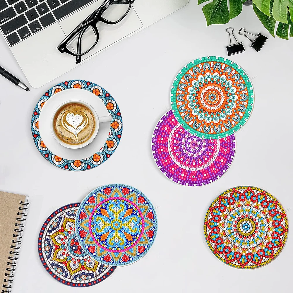 8pcs DIY Mandala Pattern Acrylic Single Sided Diamond Painting Art Coasters Kits with Holder