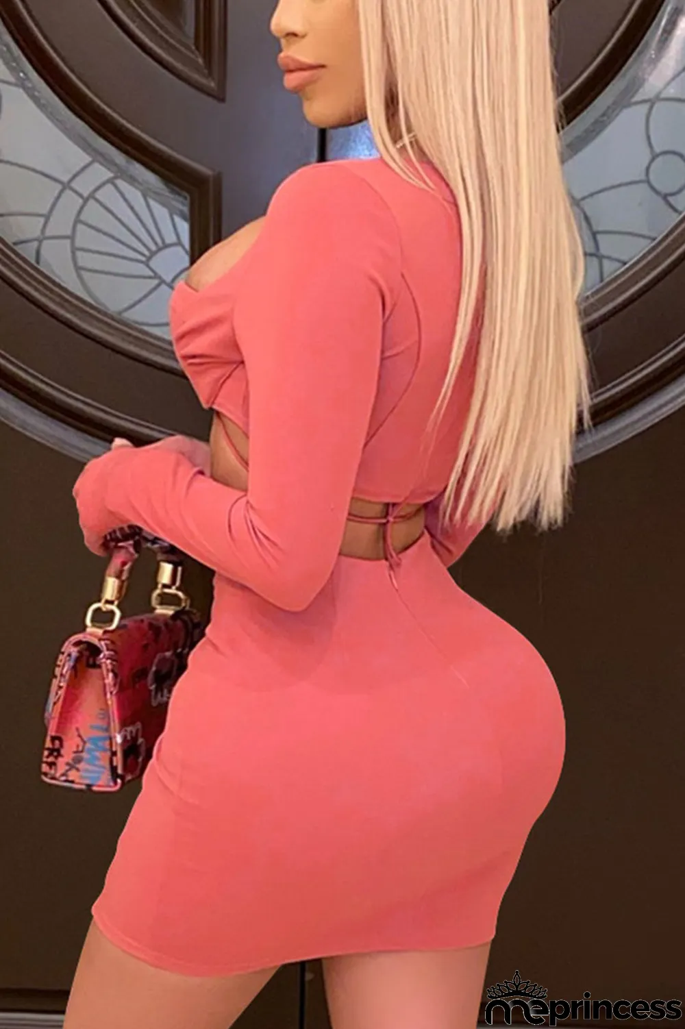 watermelon red Sexy Solid Split Joint U Neck Long Sleeve Two Pieces