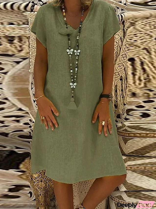 Women's Dress - Shift Dress Midi Dress Yellow Army Green Khaki Short Sleeve Pure Color Spring Summer V Neck Basic Daily Weekend Loose Fit M L XL XXL 3XL 4XL 5XL