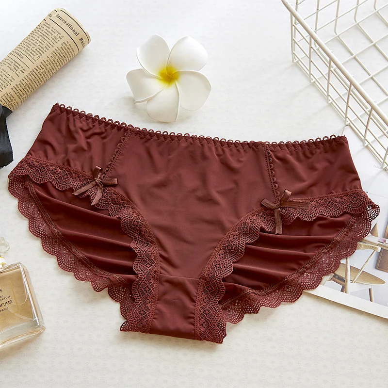Billionm Girl Glossy Hollow Sexy Ladies Briefs Comfortable Breathable Bow Mid-waist Cotton Bottom Nylon New Lace Edge Lolita