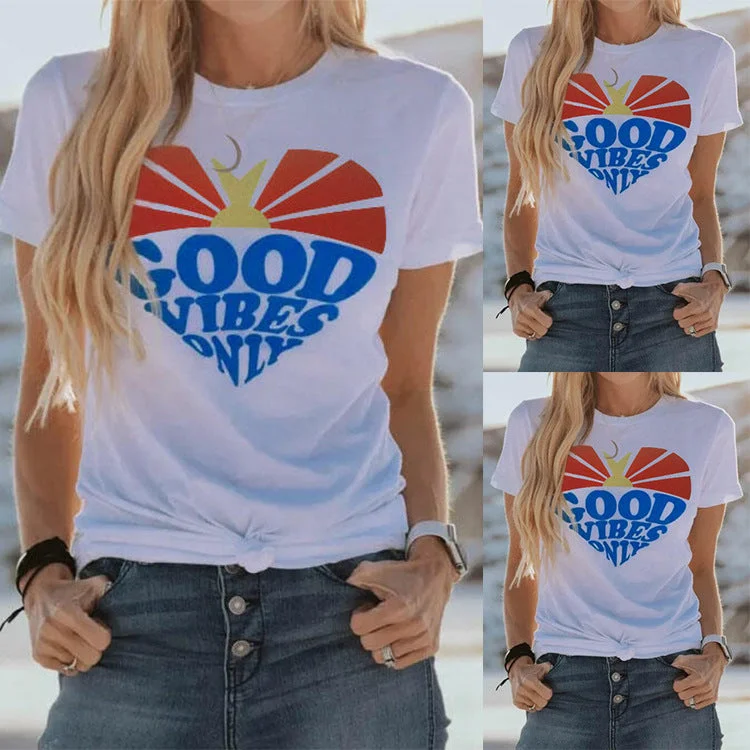Round Neck Colorful Heart Pattern Good Vibes Only  Short Sleeves T-shirt