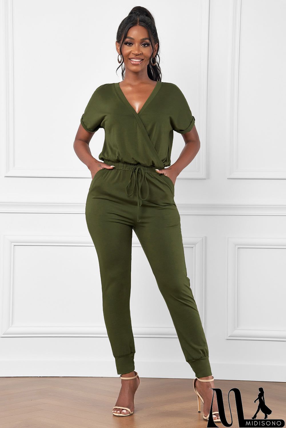 MidiSono - Casual Army Green V Neck Wrap Front Jumpsuits