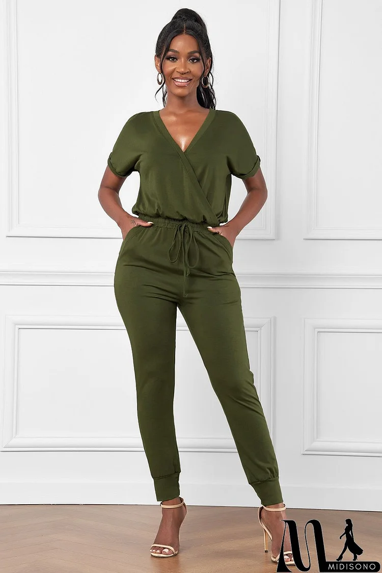 Casual Army Green V Neck Wrap Front Jumpsuits