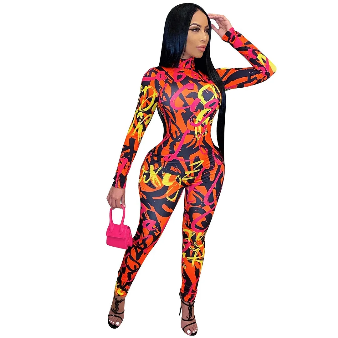 CM.YAYA Active Tie Dye Letter Print Turtleneck Bodycon Jumpsuit for Women Sexy Club One Piece Overall Bodycon Rompers Outfits