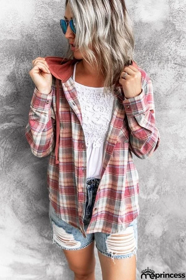 Drawstring Plaid Hooded Shirt Coat