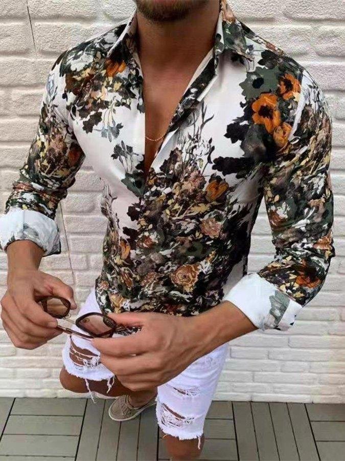 men's casual shirts with floral lapel buttons