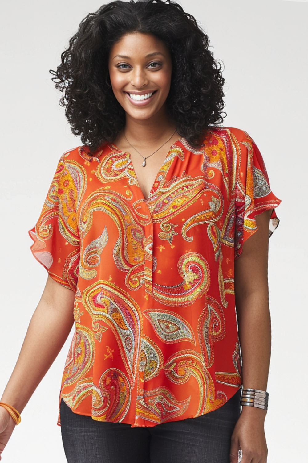 Flycurvy Plus Size Casual Orange Paisley V Neck Chiffon Short Sleeve Blouse 2024 - Flycurvy 