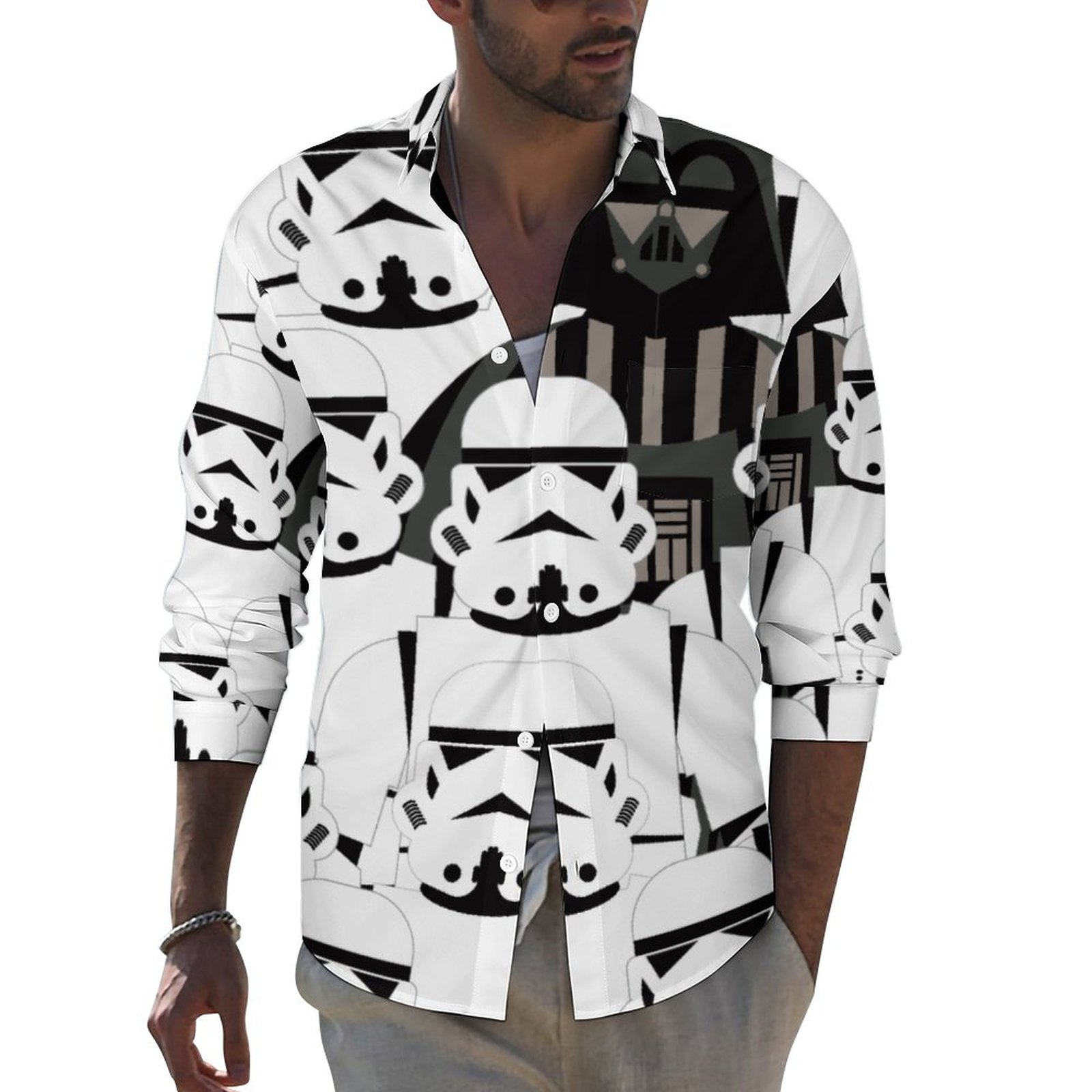 Darth Vader And Stormtrooper Crowd Hawaiian Button Down Shirt Mens Long Sleeve Tropical Beach Shirts