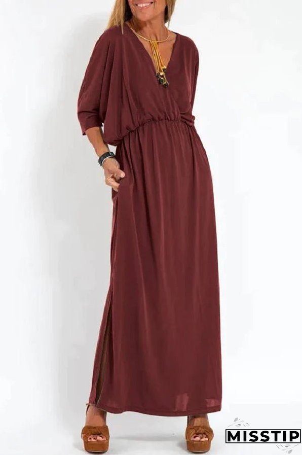 Ultimate Comfort Elastic Waist Half Sleeve Pocketed Slit Maxi Dress