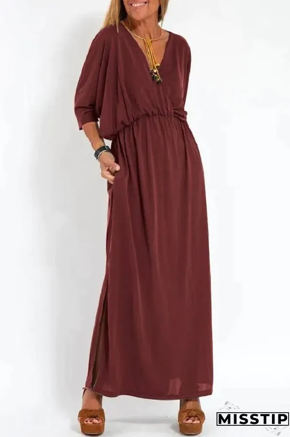 Ultimate Comfort Elastic Waist Half Sleeve Pocketed Slit Maxi Dress