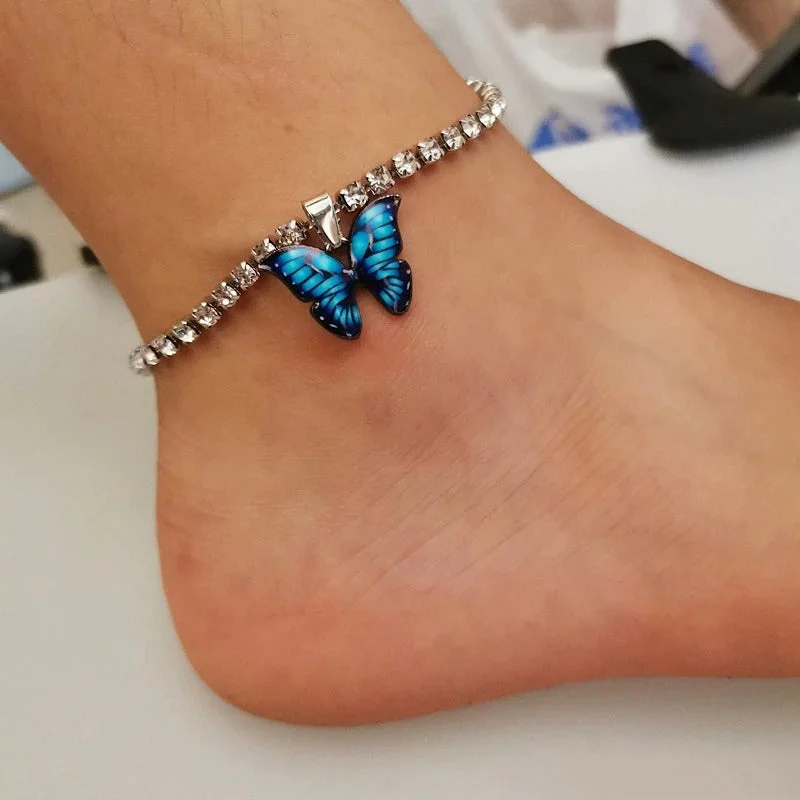 Butterfly Charm Anklet Bracelets with Colorful Rhinestone Tennis Chain