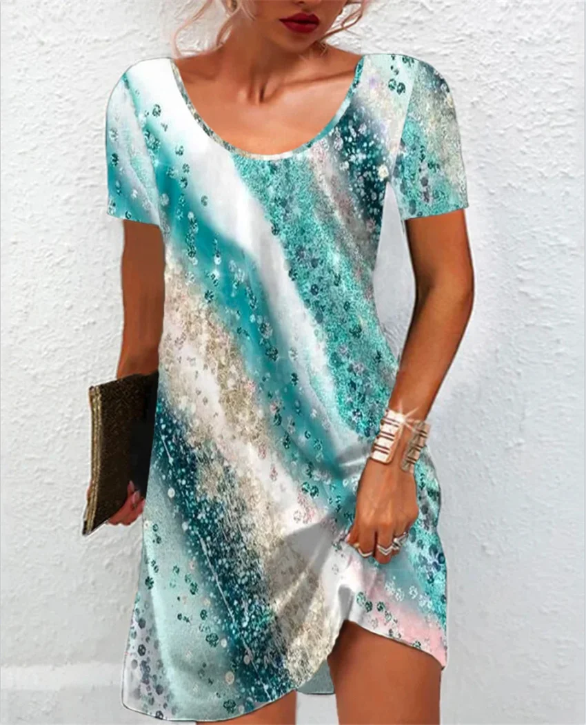 Casual Abstract Printed Round Neck Loose Fitting Dress