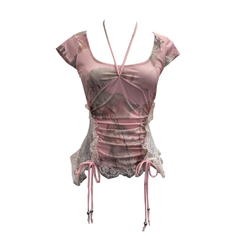 Nigikala Nigikala Industrial Lace Splicing Elastic Print With Bow Short-Sleeved T-Shirt 6185