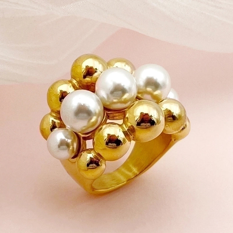 304 Stainless Steel 14K Gold Plated Vintage Style Minimalist Plating Hollow Out Inlay Round Pearl Rings