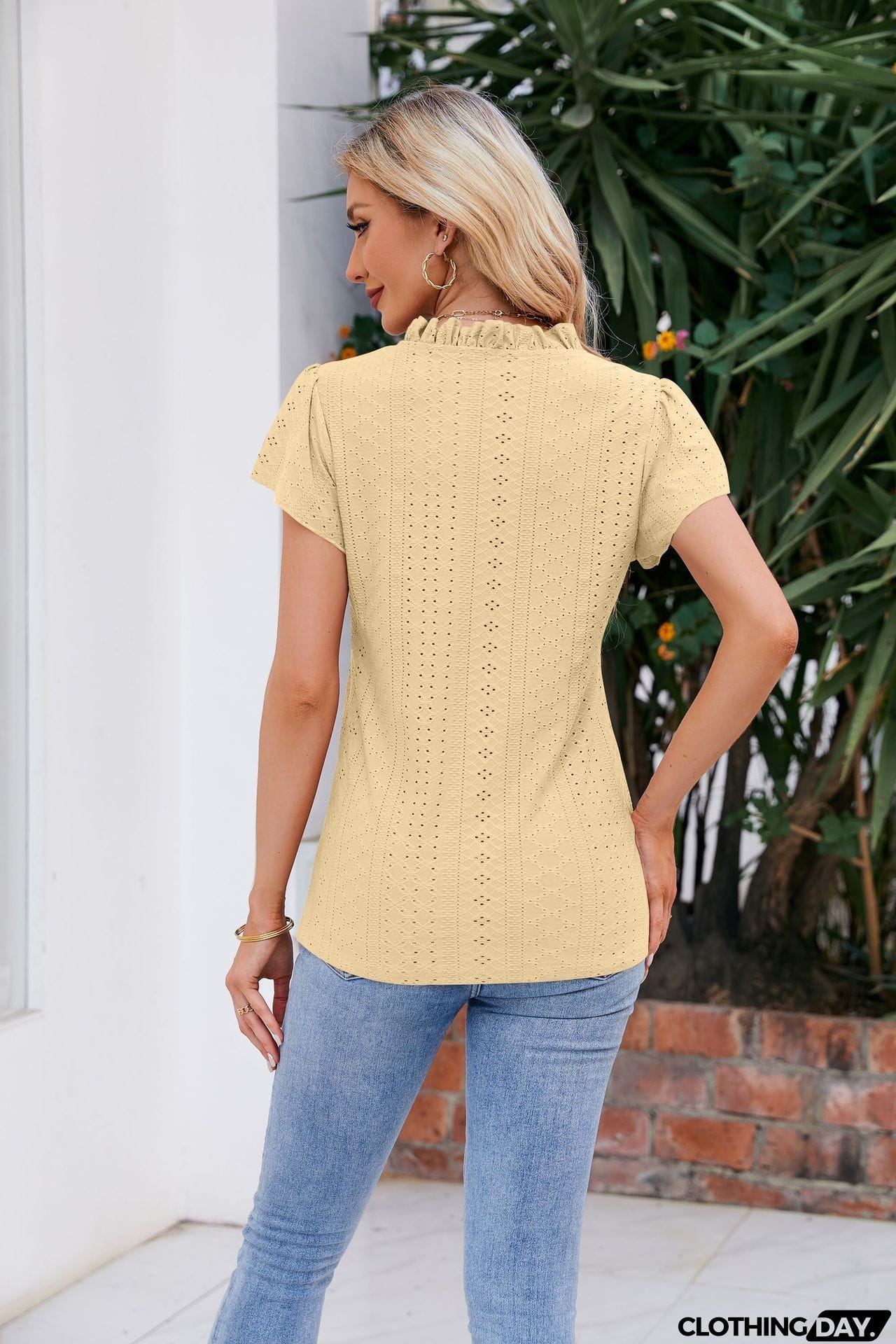 Notched Neck Puff Sleeve Blouse