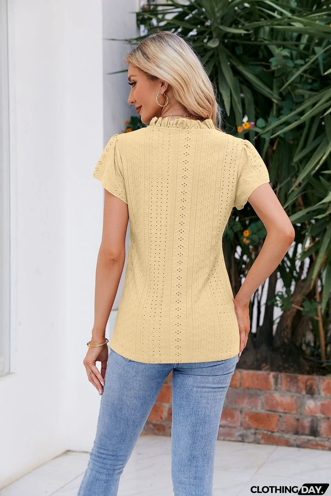 Notched Neck Puff Sleeve Blouse