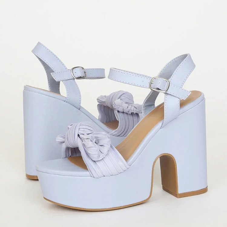Blue Platform Chunky Heels Women's Ankle Strap Folded Strap Sandals |FSJ Shoes