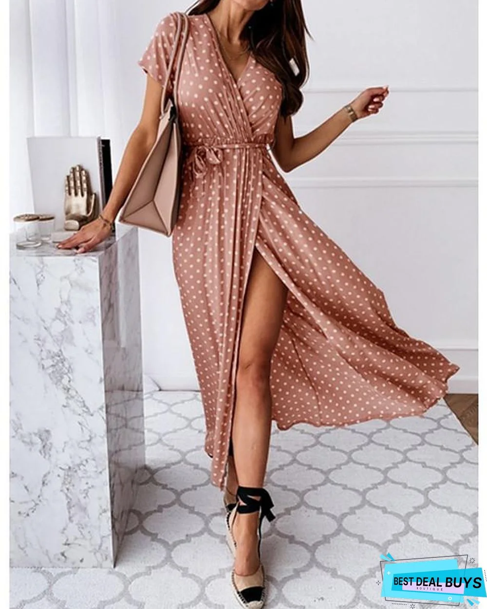 Women's Wrap Dress Maxi Long Dress - Short Sleeve Polka Dot Print Summer V Neck Hot Casual Sexy Black Blue Blushing Pink Dark Green Black Dresses
