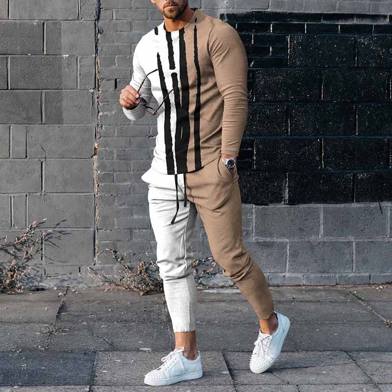 Men's Abstract Line Color Matching Long Sleeve T-Shirt And Pants Co-Ord