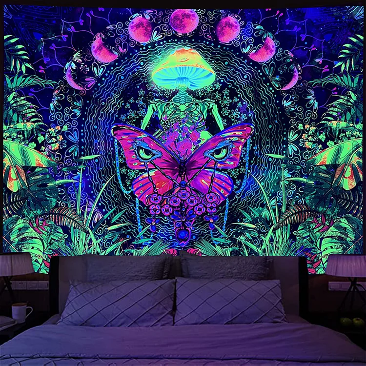Mushroom and Butterfly - Black Light Tapestry