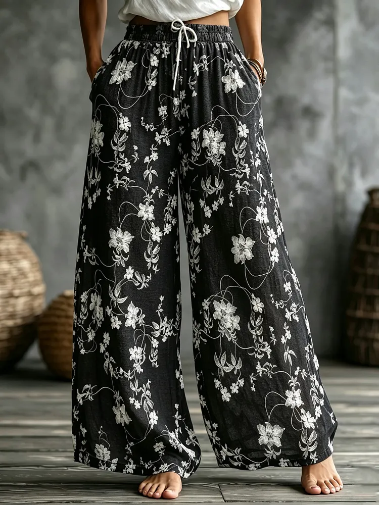 Women's Retro Japanese Floral Print Casual Trousers