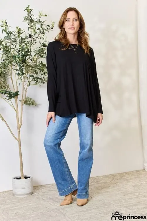 Zenana Full Size Round Neck Long Sleeve Top with Pocket