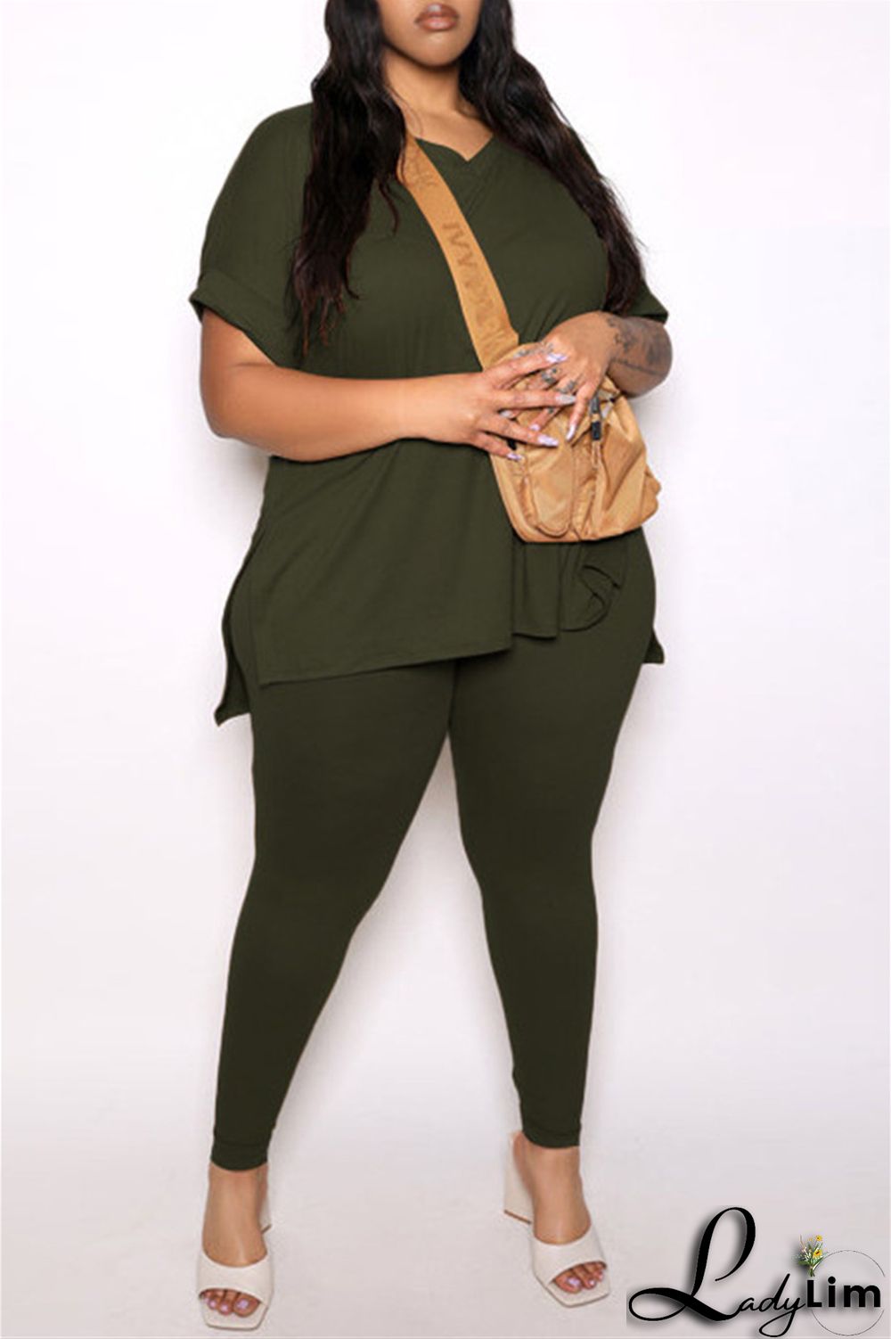 Tibetan Blue Fashion Casual Solid Slit V Neck Plus Size Two Pieces