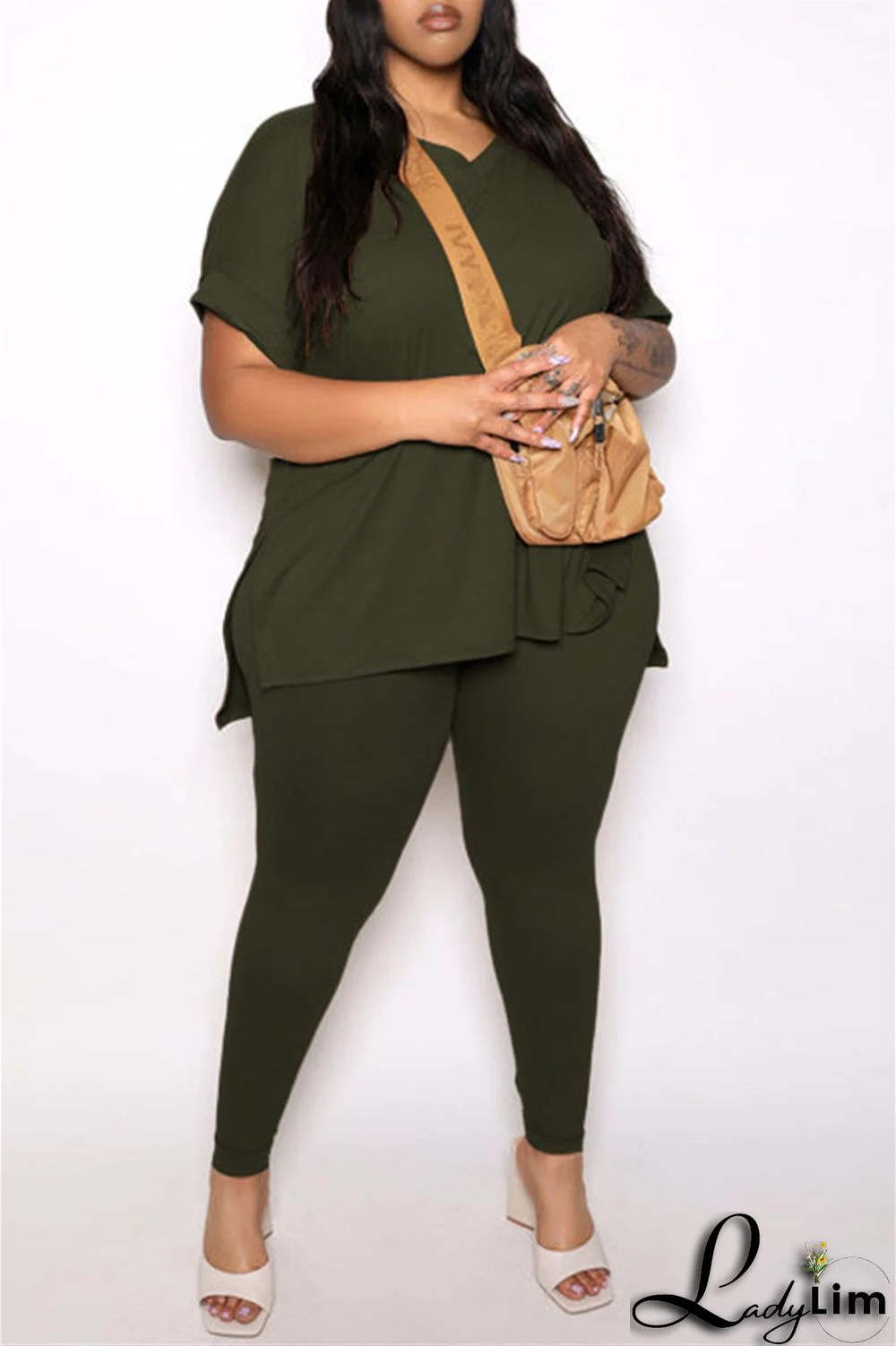 Tibetan Blue Fashion Casual Solid Slit V Neck Plus Size Two Pieces