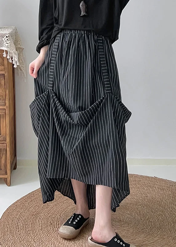 Fitted Black Asymmetrical Striped Cotton Skirts Summer