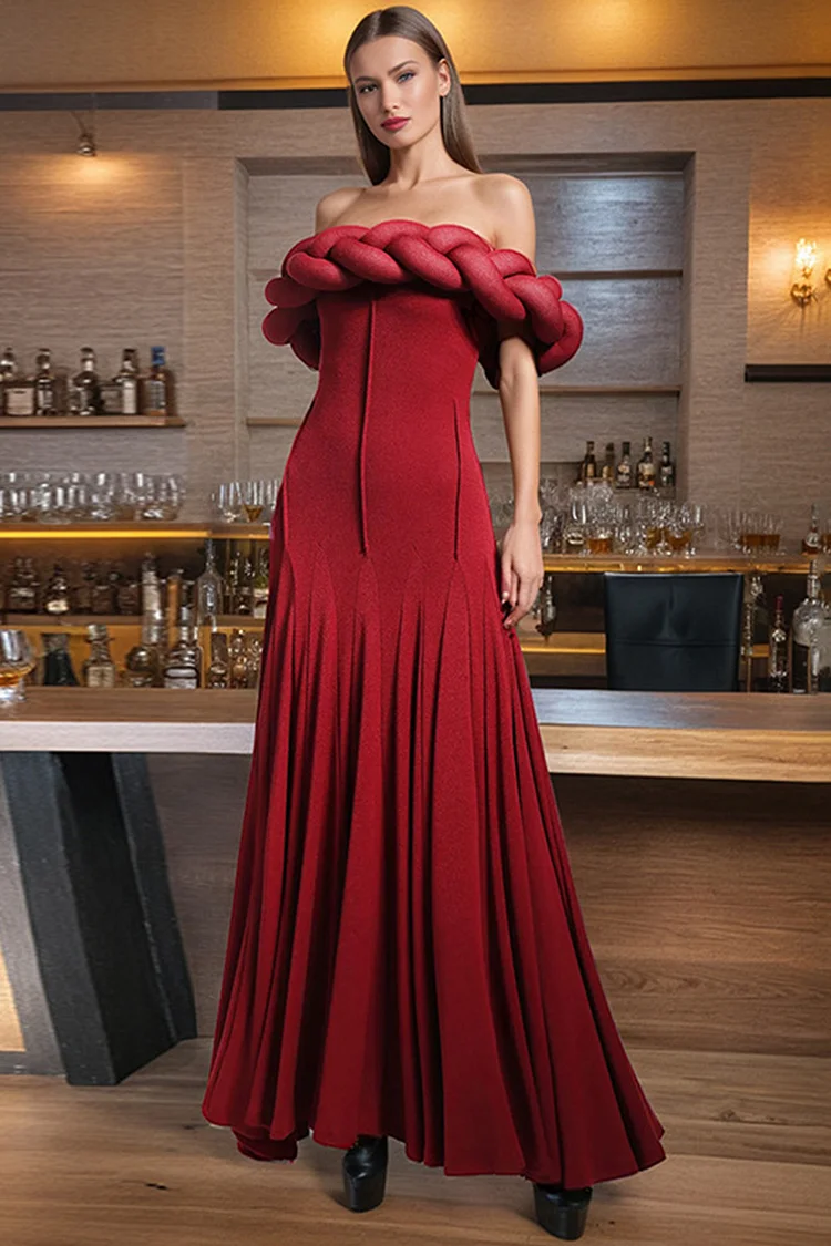 Braided Trim Off Shoulder Maxi Dress-Burgundy