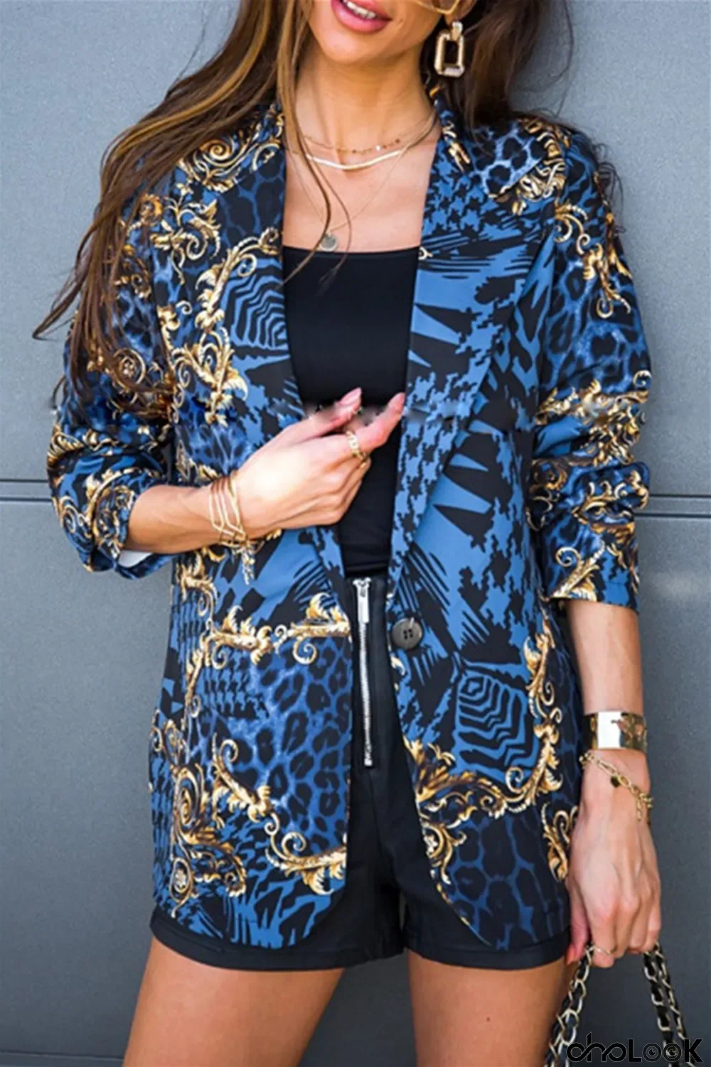 Blue Fashion Casual Print Cardigan Turndown Collar Outerwear